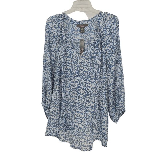 Olivia & Martin Size 2X Womens Tunic Top Blue Geometric Tie Neck Blouse NWT - Picture 1 of 5